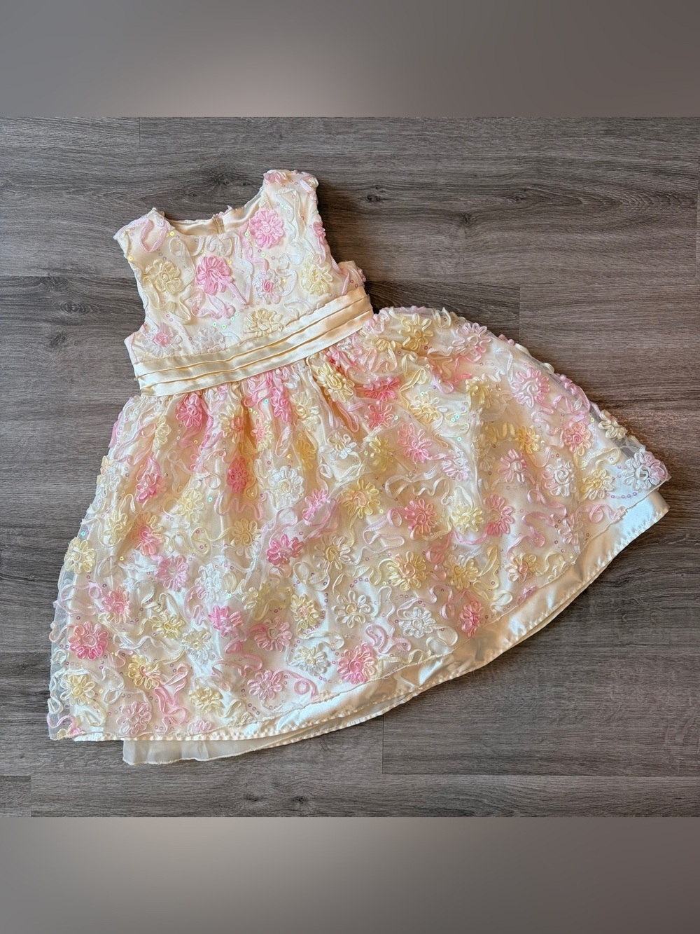 American Princess little girls yellow/pink floral textured dress